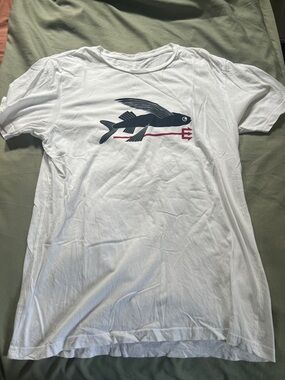 Patagonia White Swim Rash Guard with black Flying Fish and Red Accent